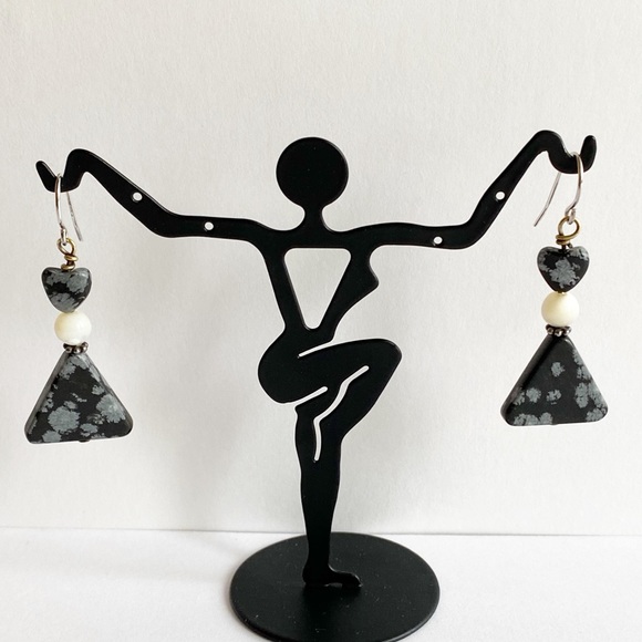 Snowflake Obsidian Dangle Artisan Made Earrings - Picture 3 of 7